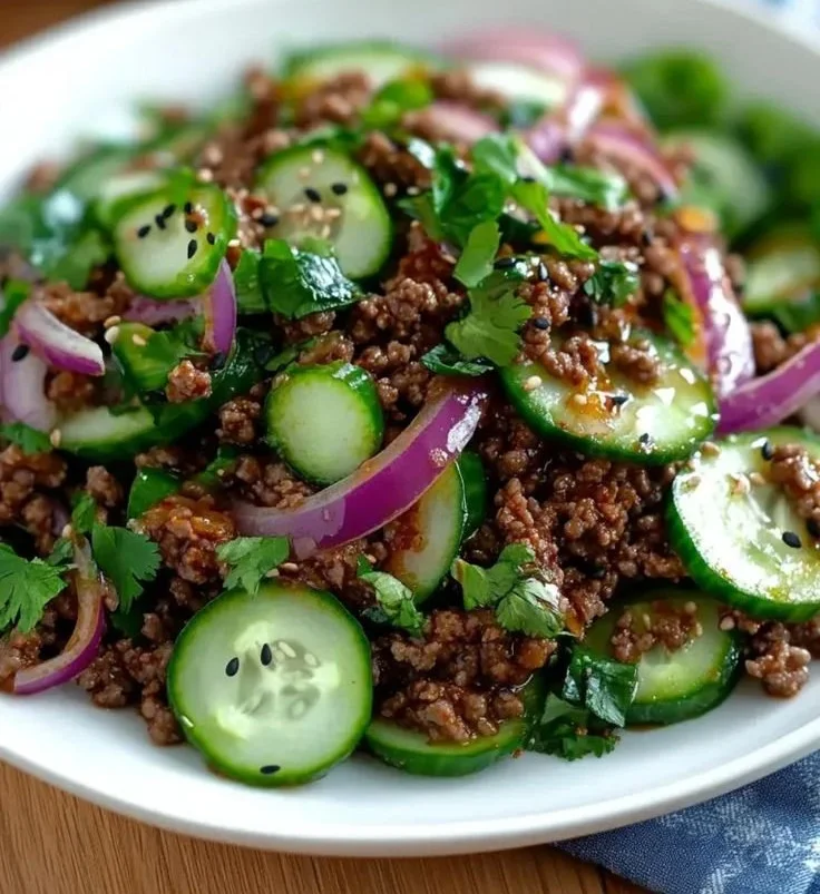 Spicy Korean ground beef salad with cucumbers in a bowl