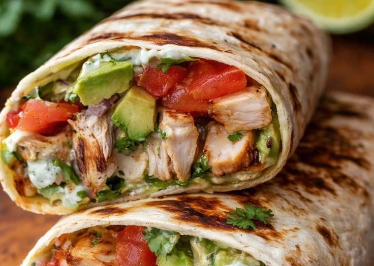 Spicy Southwest Chicken Wraps with Avocado on a wooden platter
