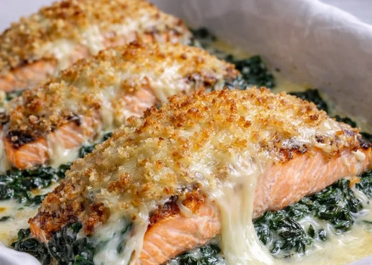 Spinach and Mozzarella Salmon Bake fresh out of the oven