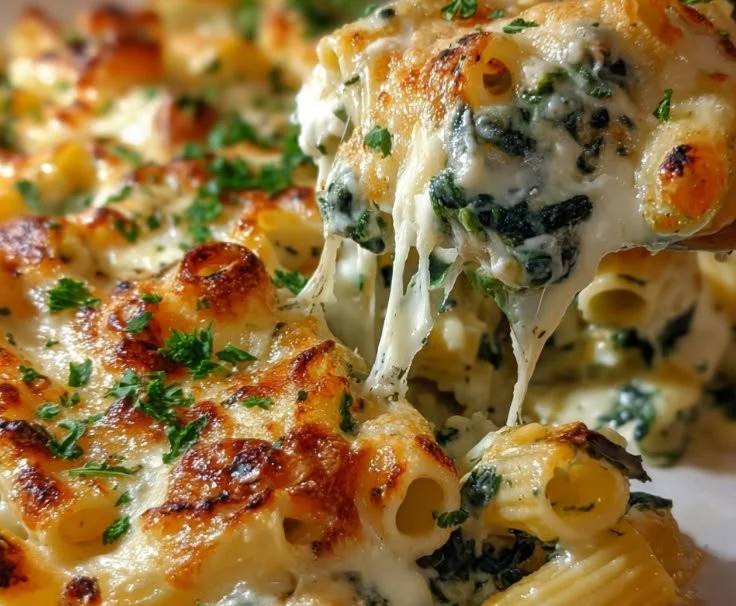 Baked Spinach and Ricotta Pasta topped with melted cheese