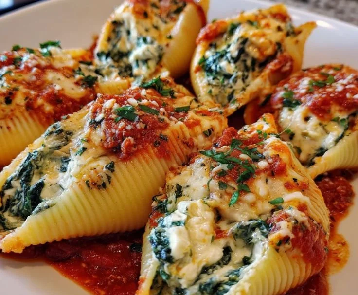Delicious spinach ricotta stuffed shells topped with marinara sauce and cheese.