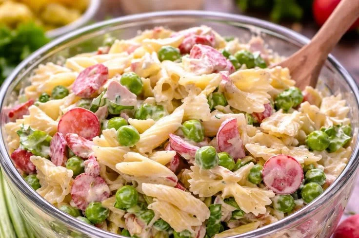 Colorful Spring Layered Pasta Salad with fresh vegetables