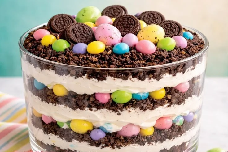 Springtime Dirt Cake Casserole decorated for Easter celebration