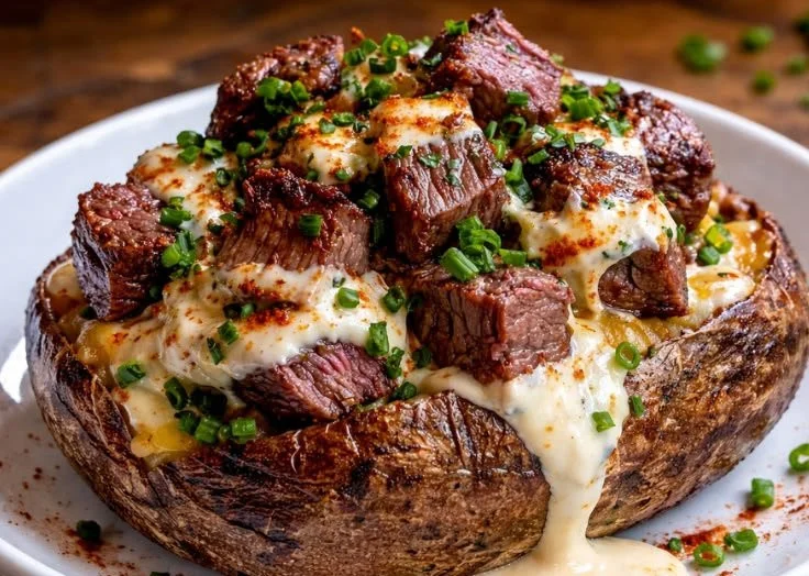 Steak bites served on a loaded baked potato topped with cheese and chives.