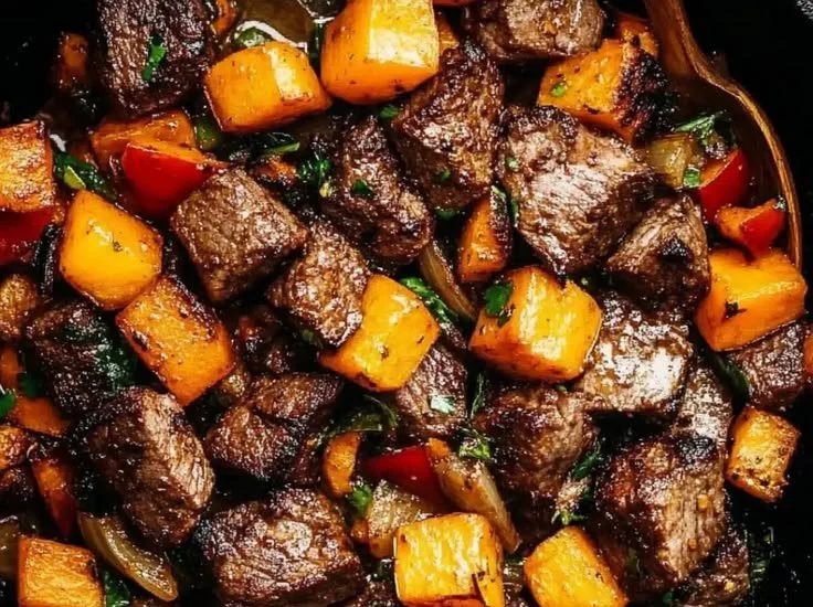 Juicy steak bites served with colorful sweet potatoes and peppers