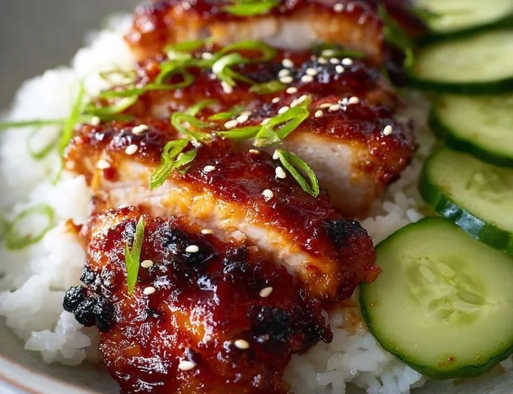 Plate of sticky honey gochujang chicken garnished with sesame seeds and green onions