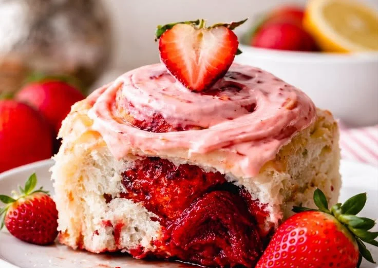 Freshly baked Strawberry Cinnamon Rolls drizzled with icing on a wooden table.