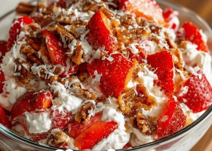A vibrant bowl of Strawberry Crackle Salad garnished with nuts and fresh strawberries.
