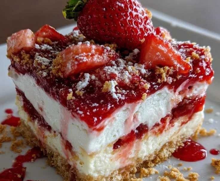 Homemade Strawberry Crunch Bars with a crispy topping and fresh strawberries