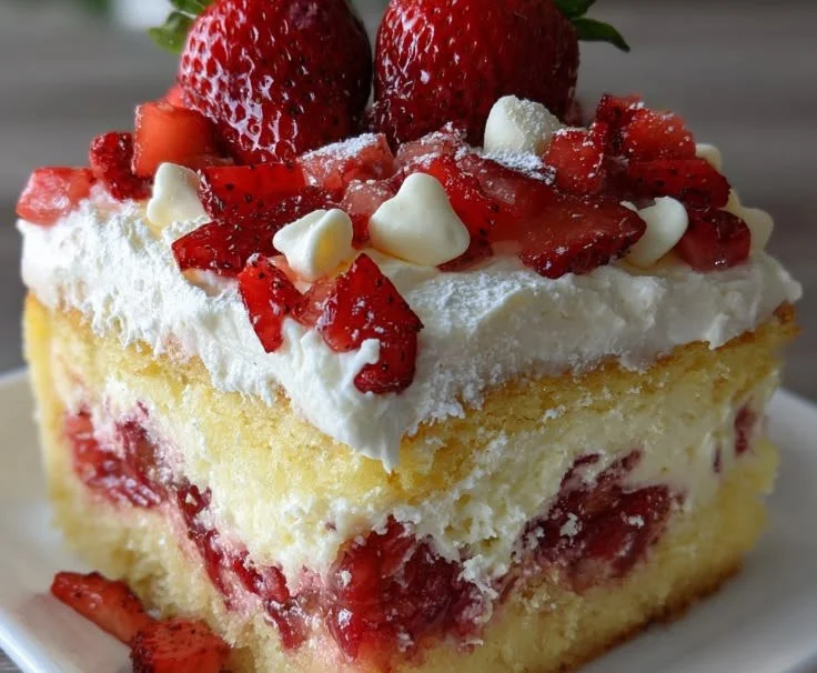 Delicious Strawberry Earthquake Cake topped with fresh strawberries and chocolate