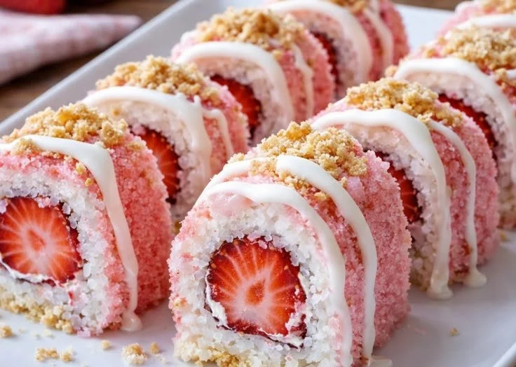 Strawberry shortcake cheesecake sushi rolls on a plate