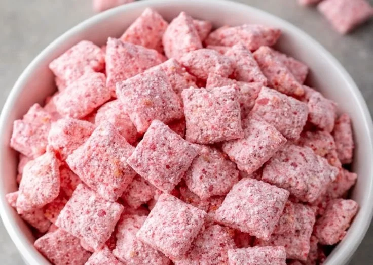 Bowl of Strawberry Shortcake Puppy Chow with fresh strawberries and sprinkles