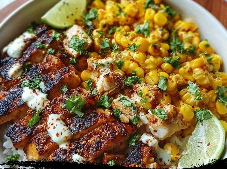Colorful street corn chicken rice bowl garnished with fresh herbs