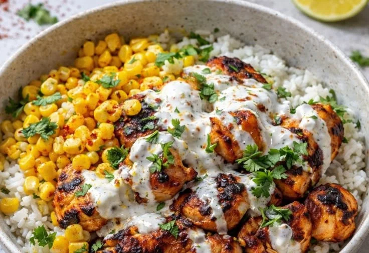 Delicious street corn chicken rice bowl with vibrant toppings