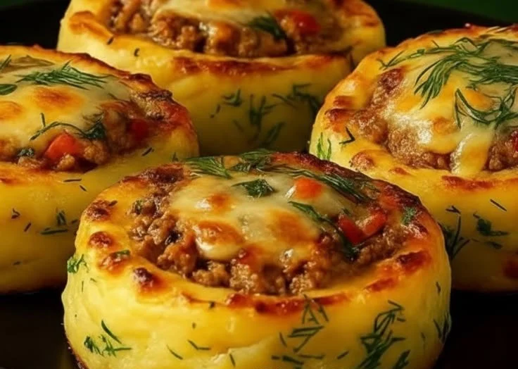 Delicious stuffed mashed potato nests topped with cheese and herbs.