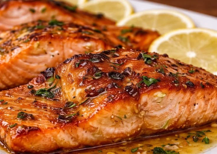 Texas Roadhouse style baked salmon dish with herbs and spices on a plate.