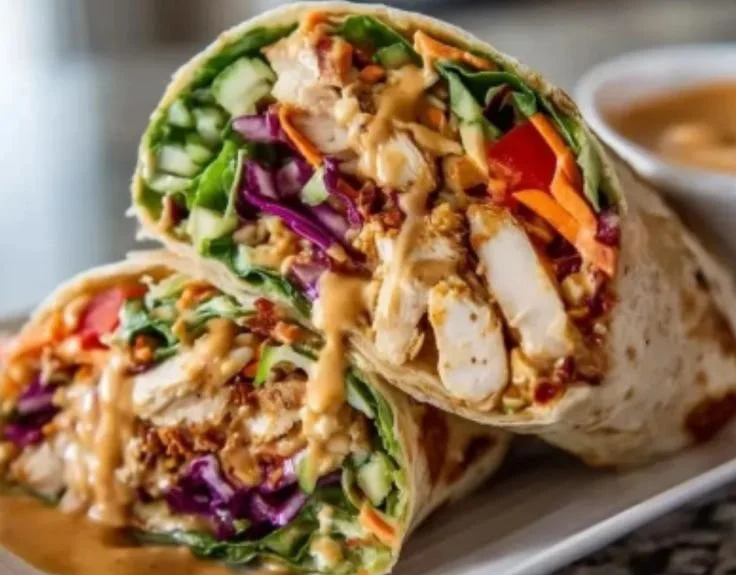 Thai Peanut Chicken Wraps with fresh vegetables and a savory peanut sauce