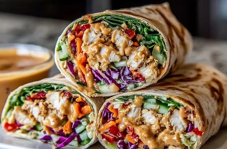 Delicious Thai peanut chicken wraps on a plate with fresh vegetables