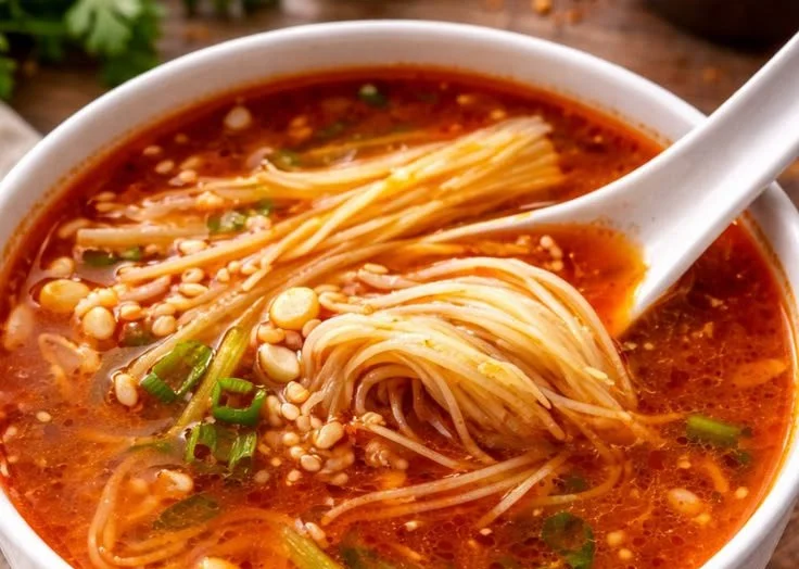 Bowl of flavorful Tomato Enoki Mushroom Soup with fresh ingredients