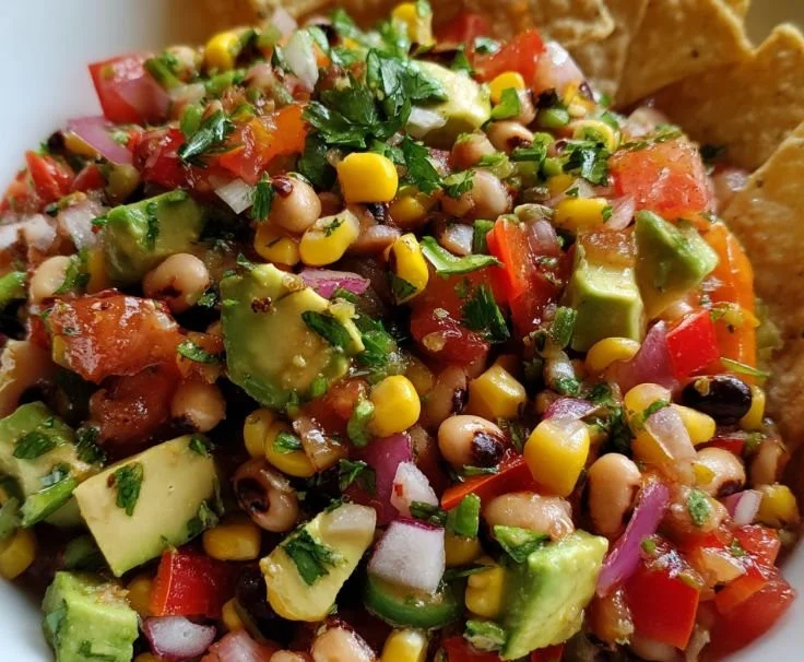 Ultimate cowboy caviar dip with colorful ingredients and fresh toppings