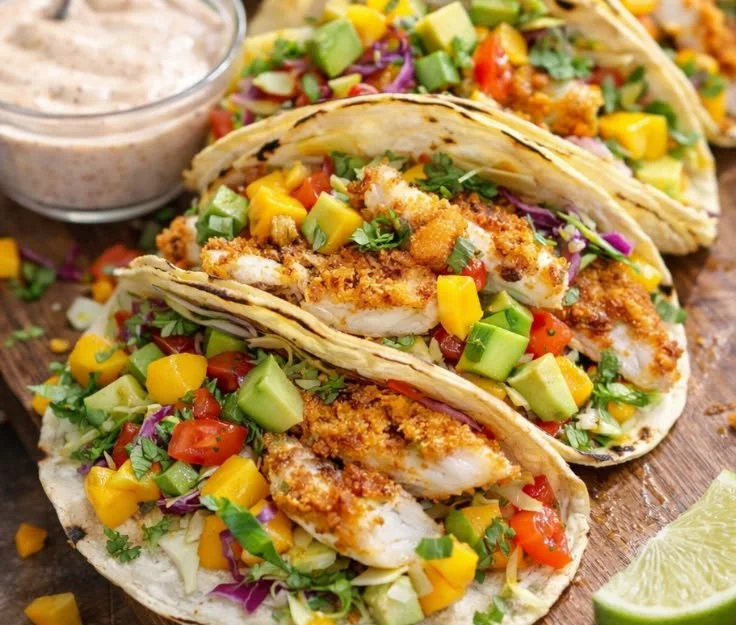 Ultimate fish tacos with mango salsa and lime mayo on a plate.