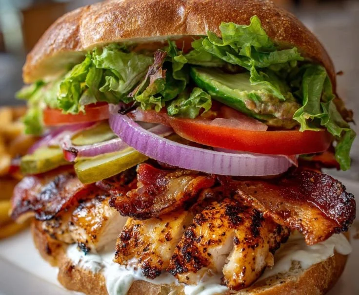 Delicious loaded chicken club sandwich with toppings on a wooden board.