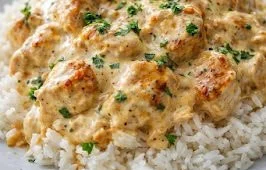 Plate of ultimate smothered chicken served with rice and savory gravy
