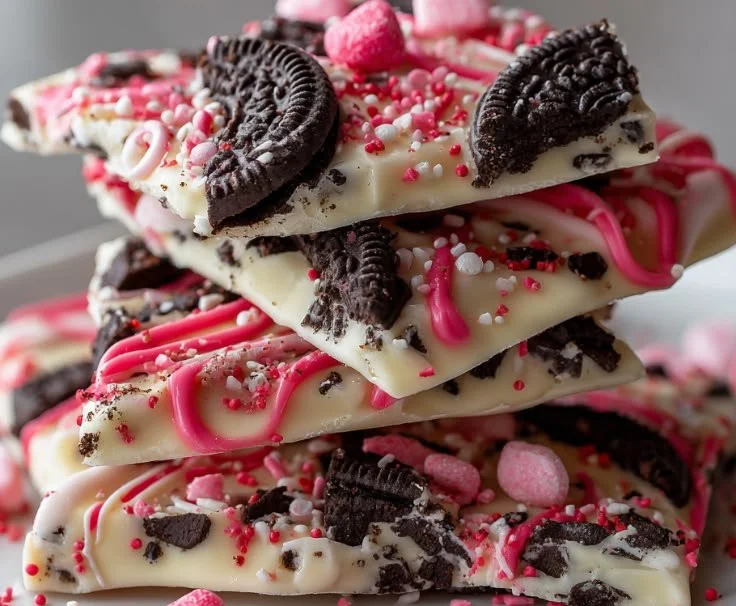 Valentine's Day Oreo cookie bark with chocolate and sprinkles