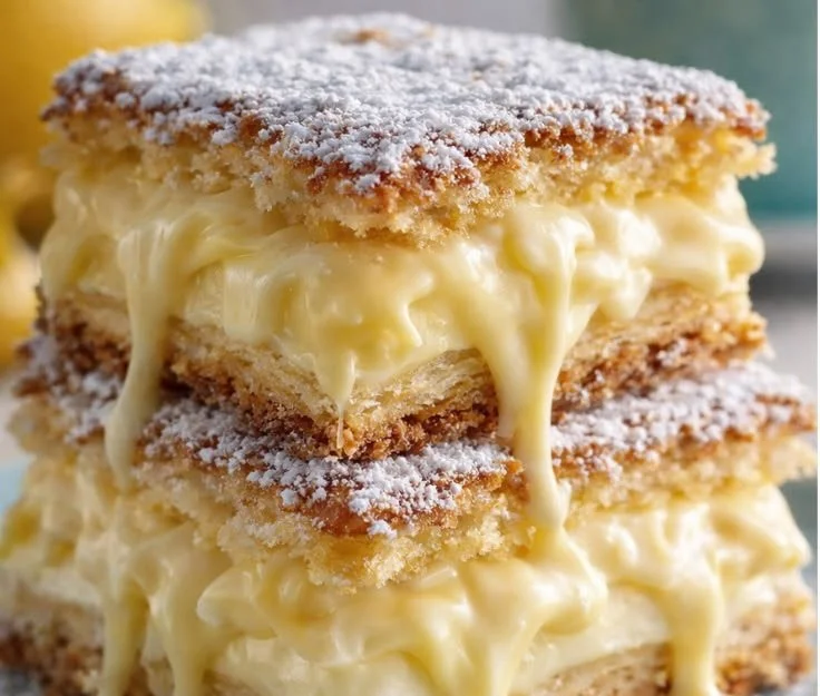 Delicious vanilla custard cream squares topped with fresh cream and berries.