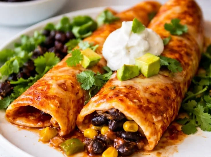 Delicious vegetarian black bean enchiladas topped with cheese and fresh herbs.