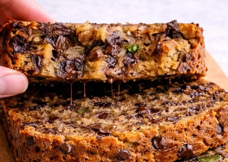 Freshly baked zucchini bread sliced on a wooden board