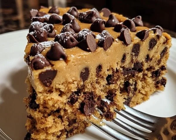 Delicious chocolate chip cookie cake topped with chocolate chips and served on a plate.