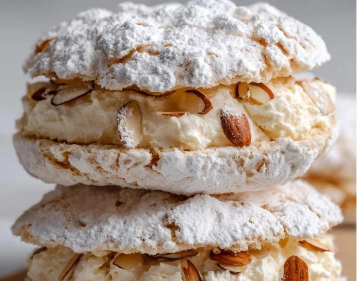 Delicious almond meringue sandwich cookies on a plate ready to be enjoyed.