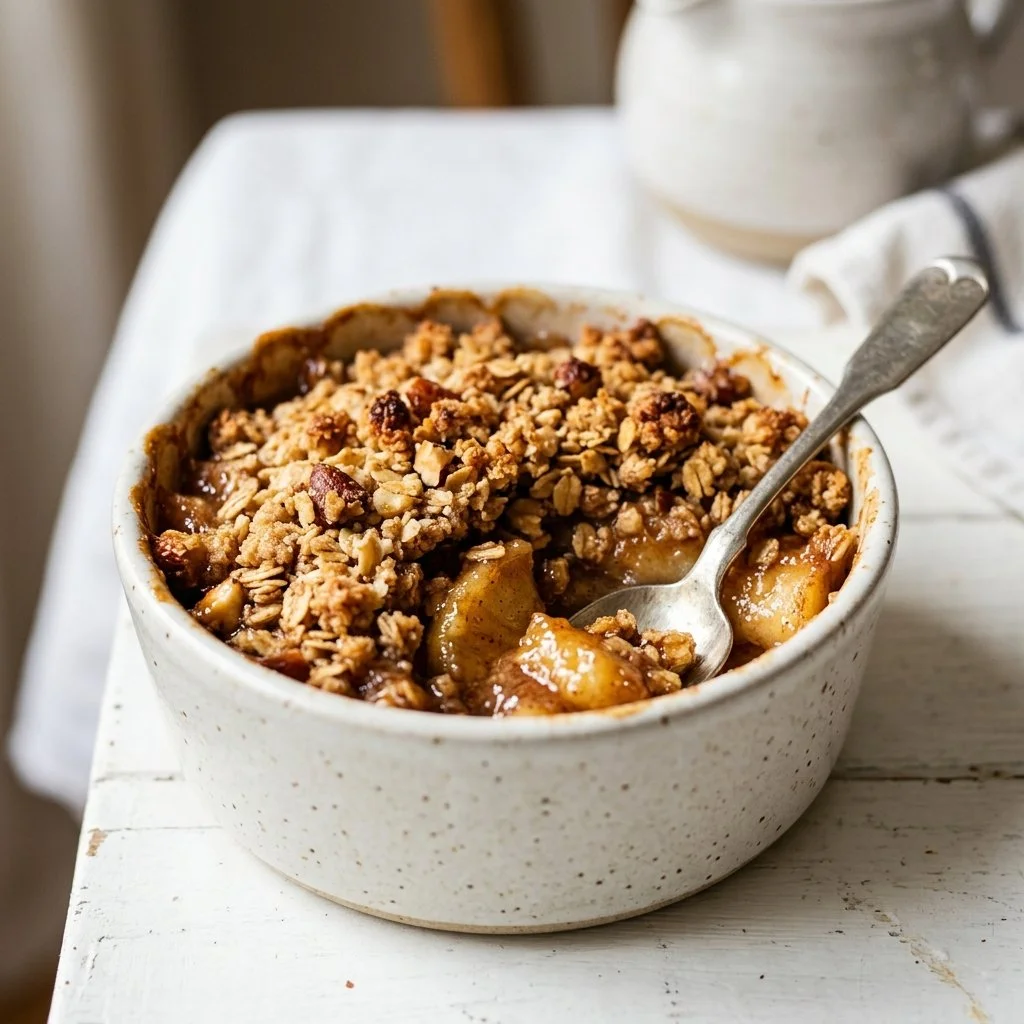 Delicious homemade apple crisp served in a bowl with a scoop of vanilla ice cream