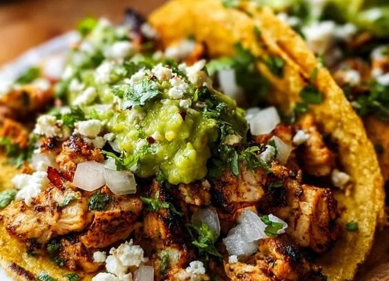 Delicious authentic Mexican chicken street tacos with fresh guacamole and cheese