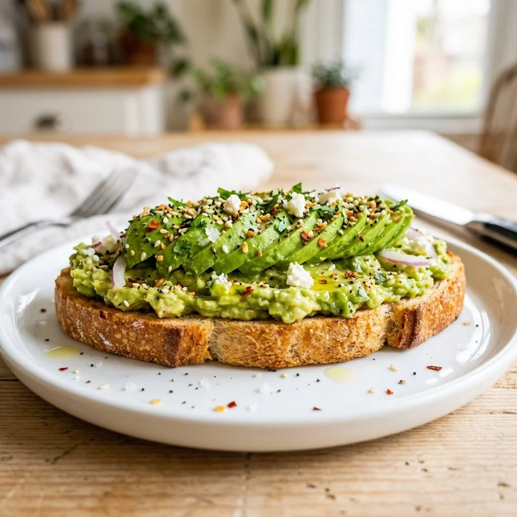 Easy avocado toast recipe topped with fresh ingredients and spices