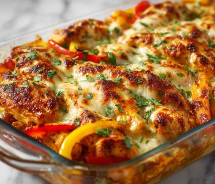 Baked Fajita Chicken Casserole topped with cheese and colorful peppers