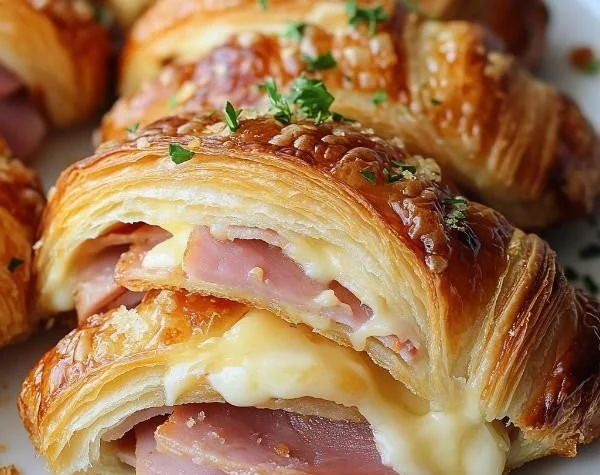 Baked ham and cheese croissants on a white plate, showcasing flaky pastry and melted cheese.