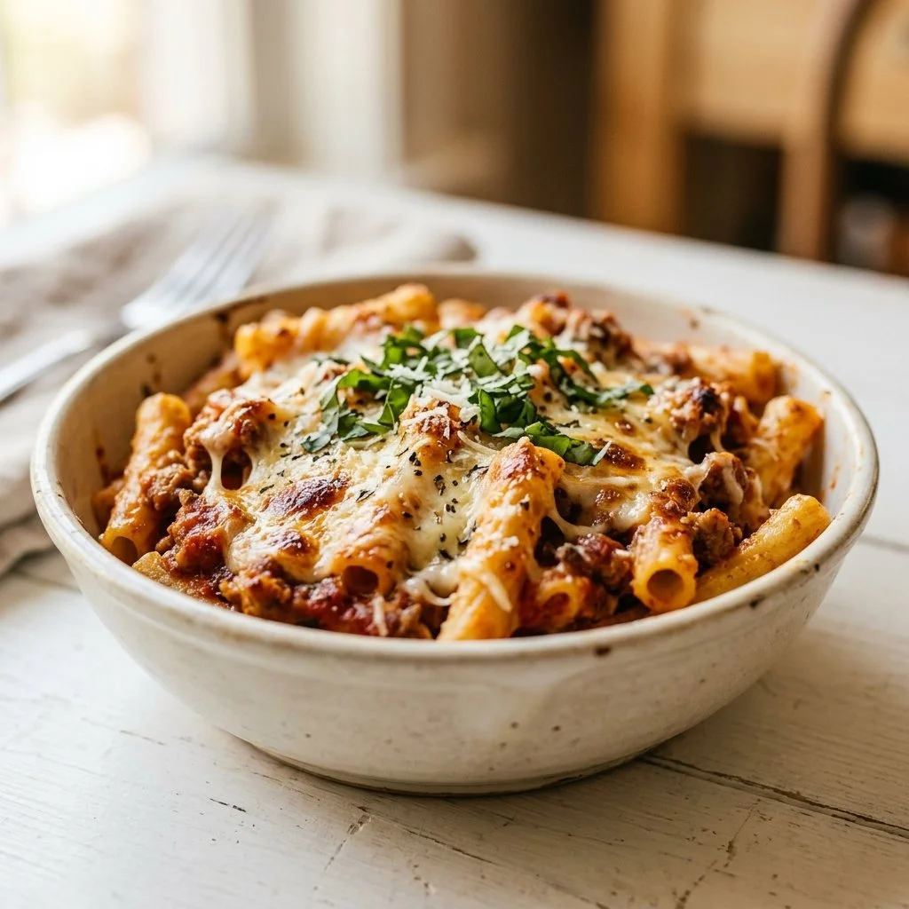 Delicious baked ziti in a casserole dish, topped with melted cheese and fresh herbs.