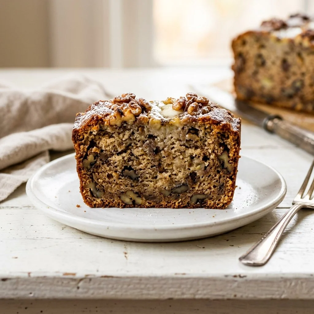 Freshly baked banana bread sliced on a wooden board with ripe bananas