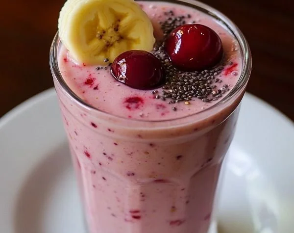 A refreshing Banana Cherry Smoothie in a glass topped with cherries and banana slices