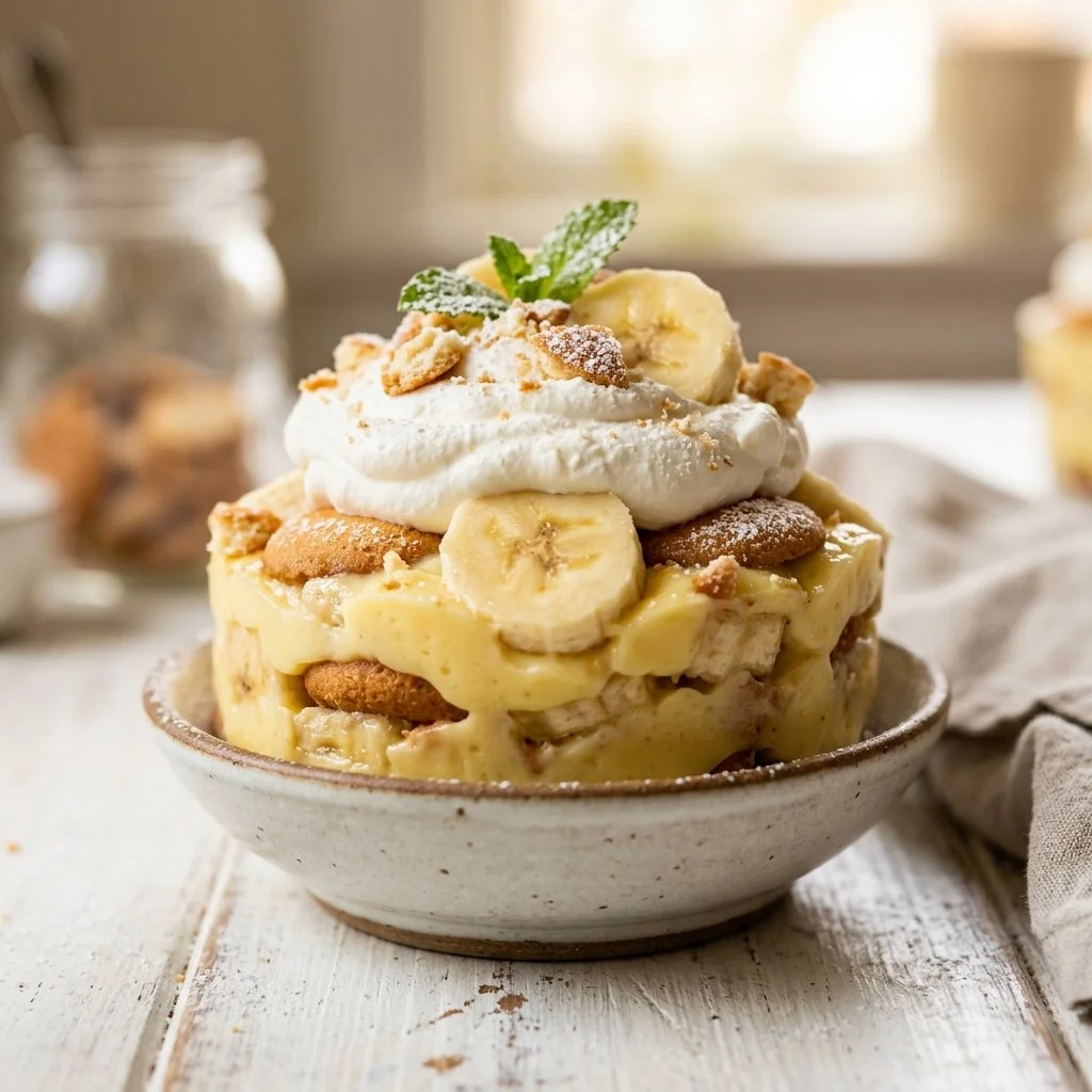 Homemade banana pudding served in a clear glass dessert dish.