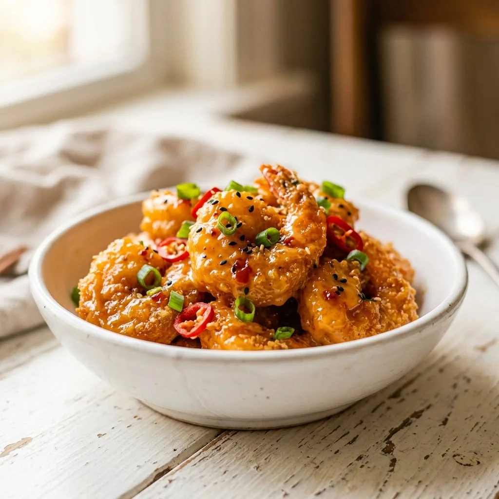 Plate of crispy Bang Bang Shrimp with spicy sauce and garnish