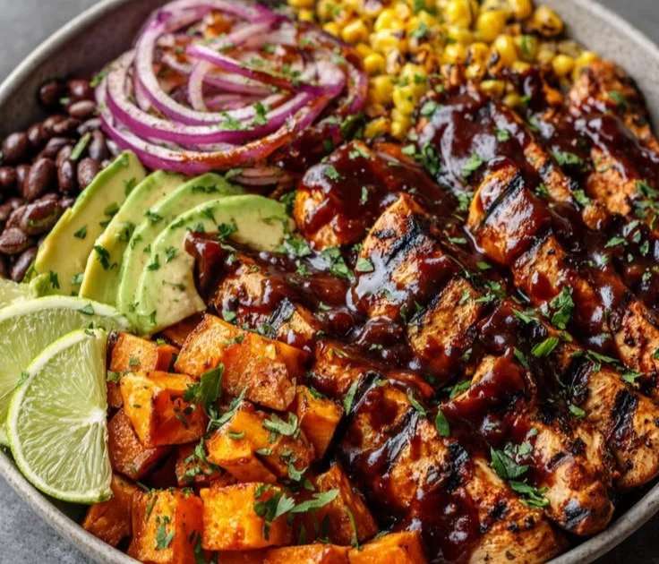 BBQ Chicken and Sweet Potato Bowl with colorful veggies and drizzled sauce