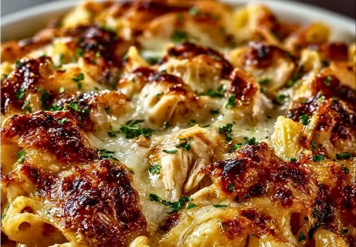 Delicious BBQ Chicken Mac and Cheese topped with melted cheese and BBQ sauce