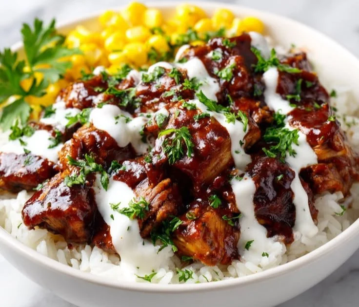 Delicious BBQ Ranch Chicken Bowl topped with fresh ingredients and ranch dressing