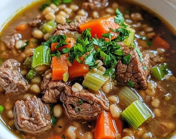Bowl of delicious beef barley soup featuring chunks of beef and barley grains.