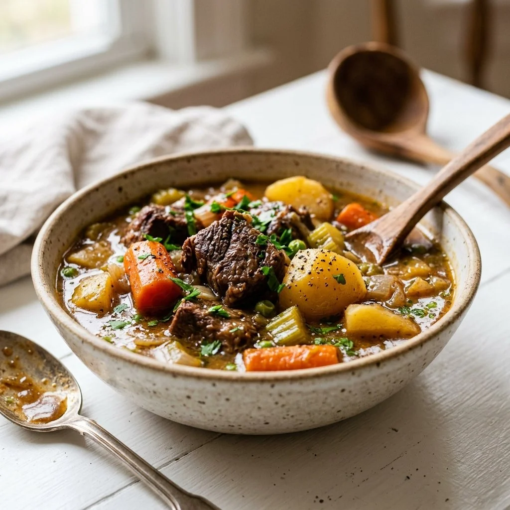 Delicious bowl of easy beef stew with vegetables and herbs