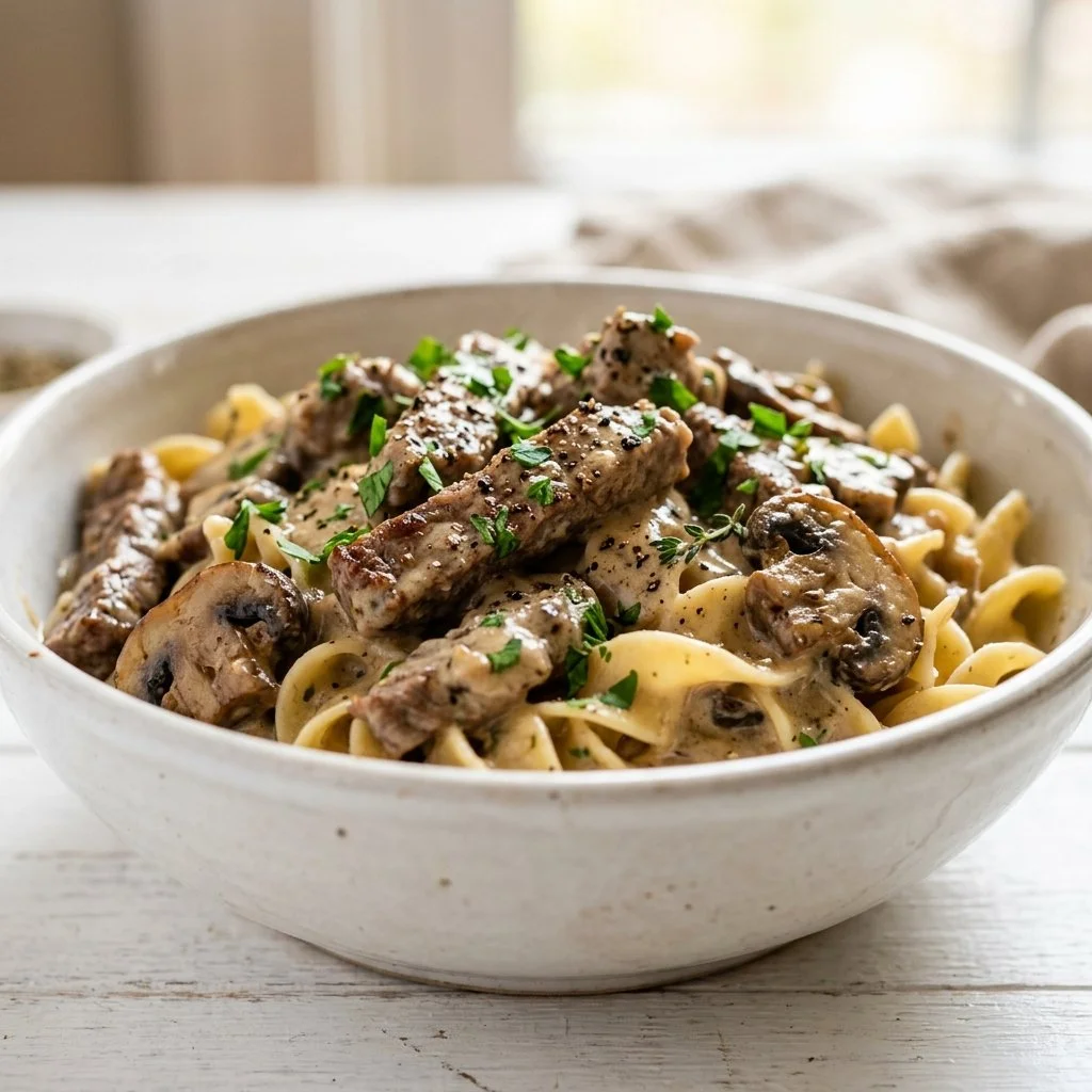 Delicious and easy Beef Stroganoff served with noodles