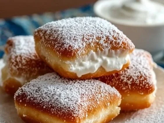 Delicious homemade vanilla beignets dusted with powdered sugar.